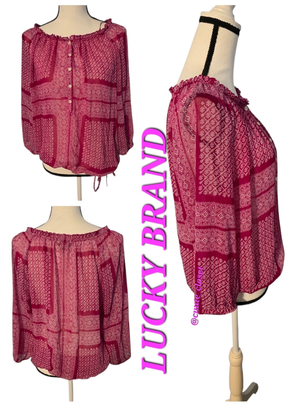 Lucky Brand Pink Bohemian Semi Sheer Long Sleeves Blouse With Drawstring